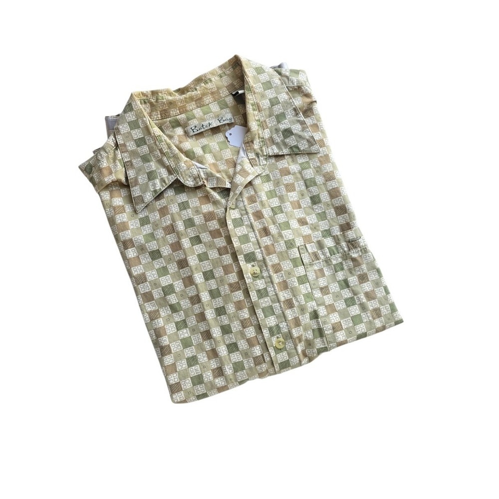 Batik Bay‎ Button Down Mens XL Green Geometric Tile Print Casual Shirt